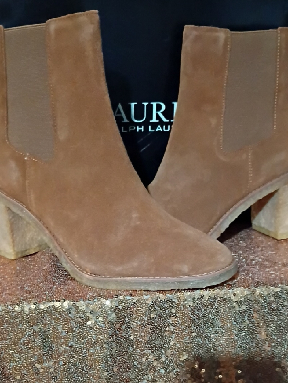 Ralph Lauren Tan Suede Chelsea Block Heel Booties